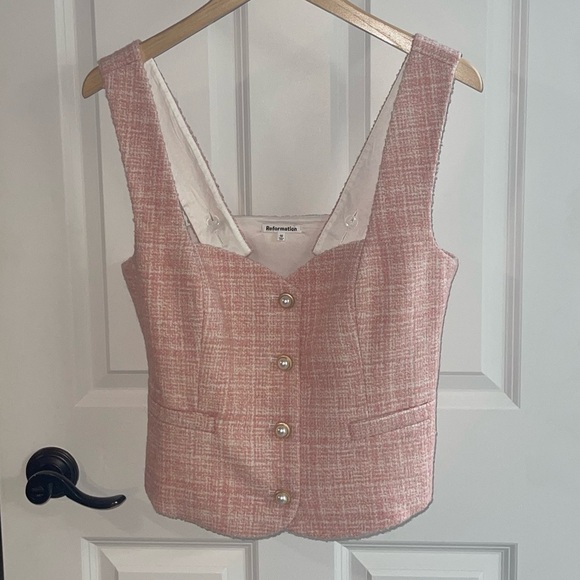 REFORMATION Amora Tweed-Textured Woven Top {$171} Pink Cream Pearl Buttons 10 - Picture 5 of 10